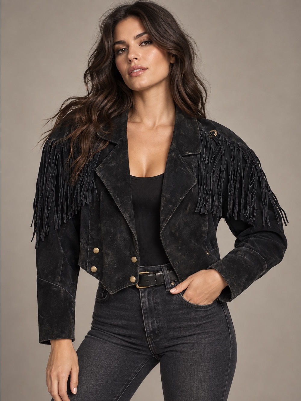 Learsi Suede Leather Jacket Size Small Black Cropped Snap Western Fringe VTG 80s
